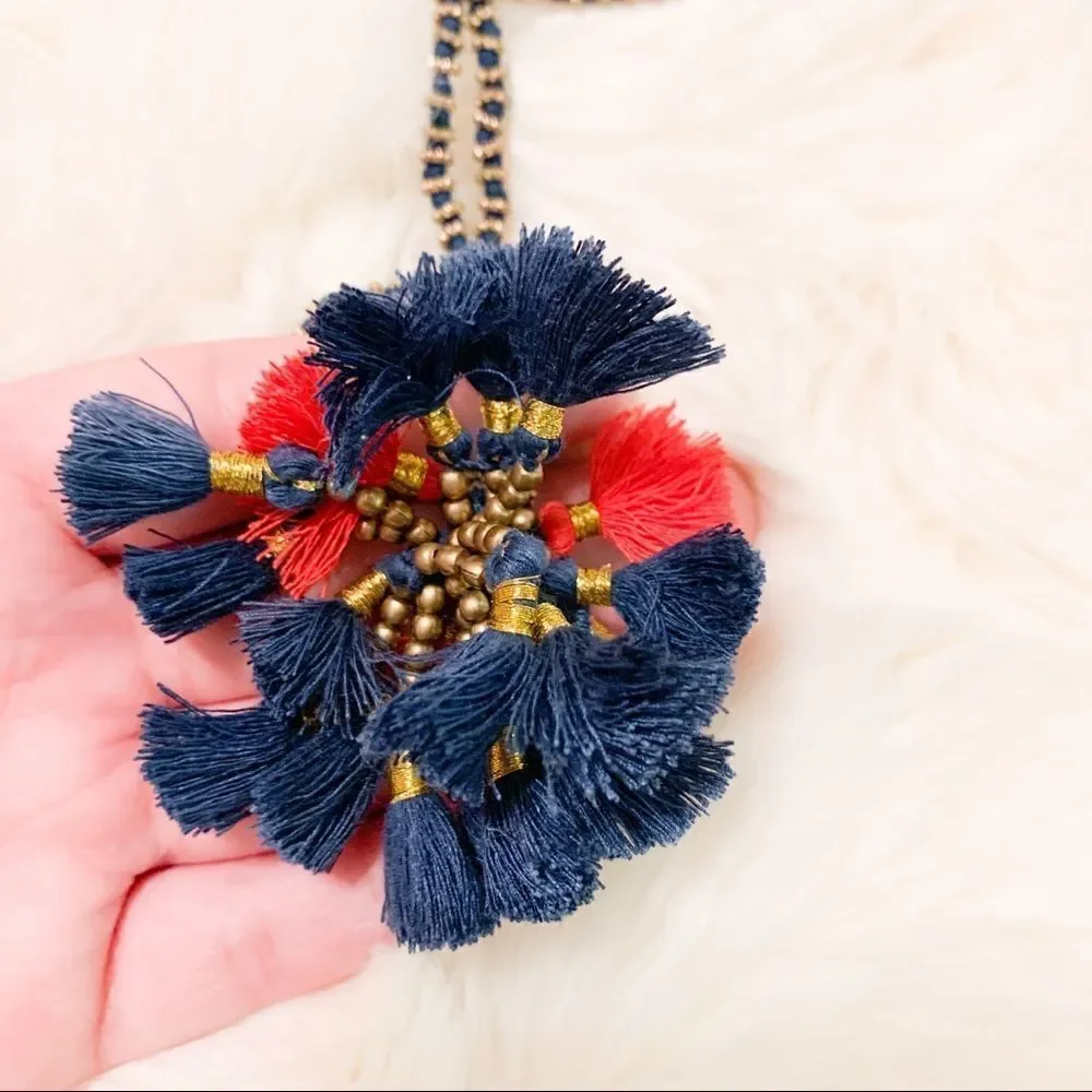 Red and Blue Long Tassel Necklace